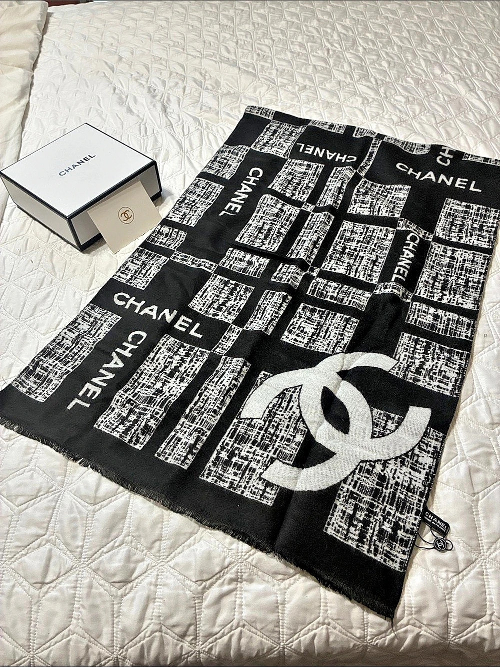 Chanel Black & White Logo Print Scarf Like New